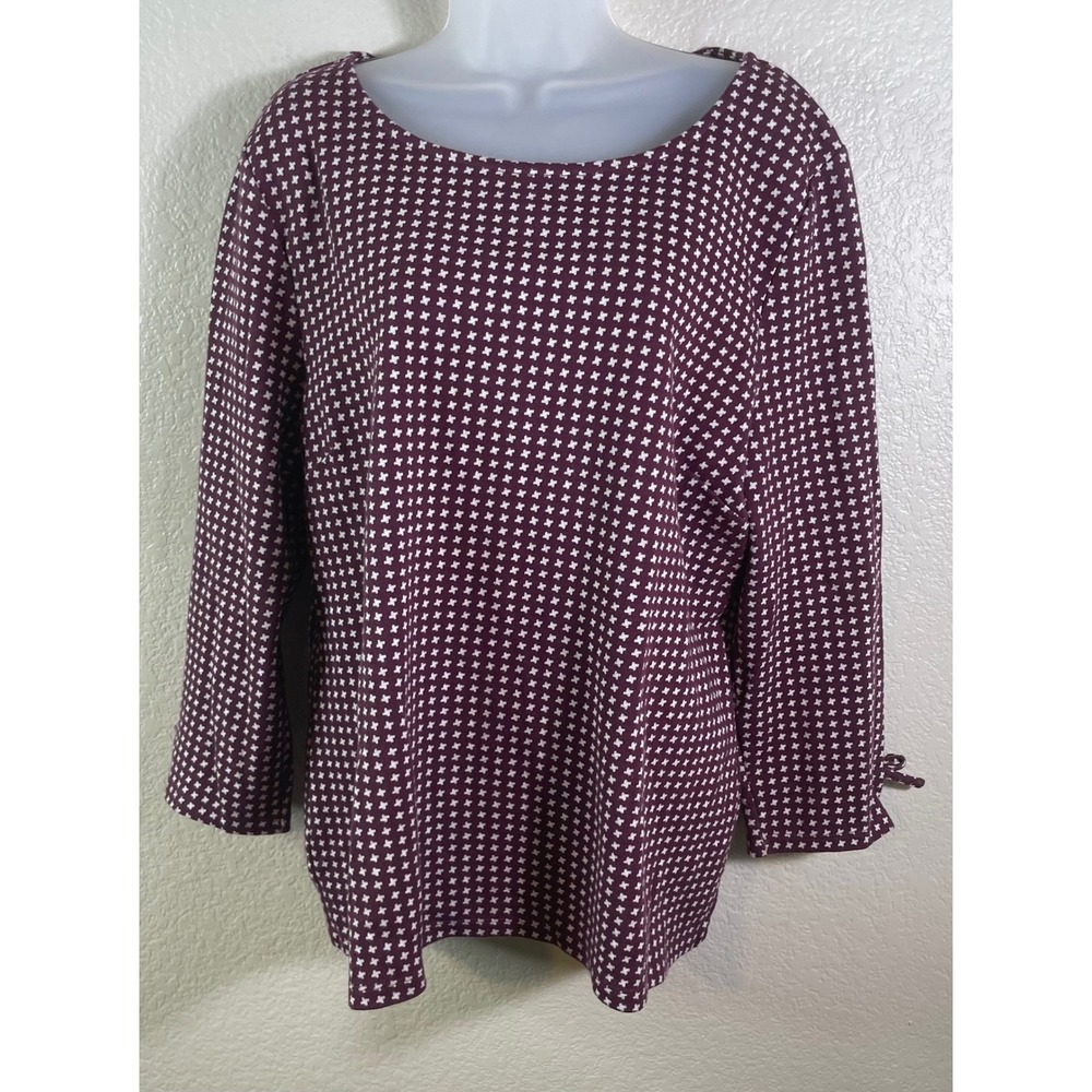Talbots Womens XL Top Burgundy White Geometric Cross Print Tie Cuff Long Sleeve